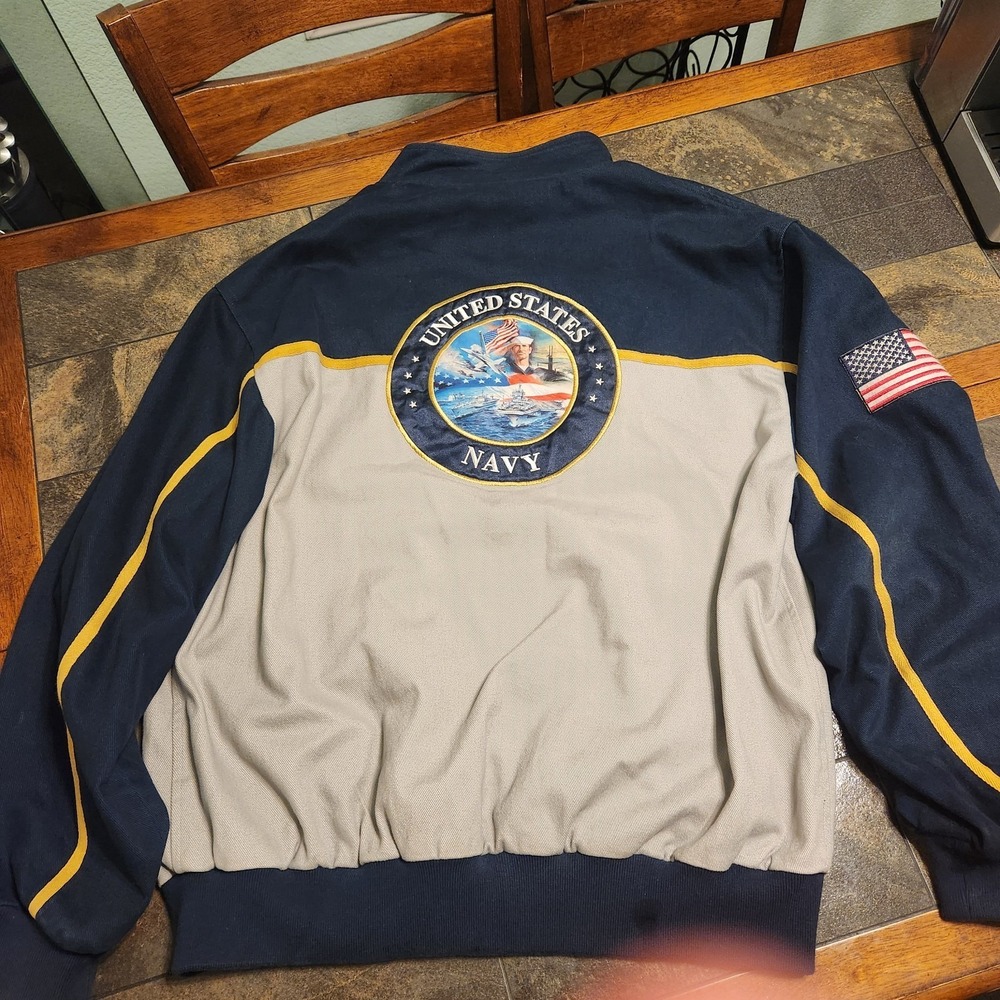 US Navy Bomber Jacket Mens‎ L Navy Tan Reversible Blue Camo Bradford Exchange